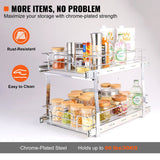 2 Tier Pull Out Cabinet Organizer 14"x21"x15" Heavy Duty Slide Out Pantry Shelves Steel Roll Out Drawers Sliding Storage Rack Silver