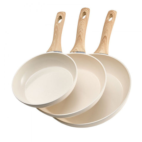 3-Piece Nonstick Aluminum Egg Frying Pan Set (200/240/280 mm), Ceramic Heavy-Duty Skillets with Heat-Resistant Handle, Chef's Cookware for Gas, Electric & Induction, Beige In Australia - Darrahopens