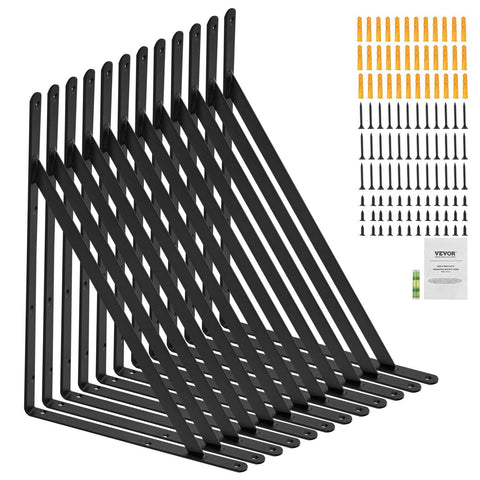 12 Pack Heavy Duty Floating Shelf Brackets 46 x 30.5cm Matte Black Steel Triangle Shelf Brackets 3mm Thick Wall Mount Shelving Brackets 72.6kg Capacity