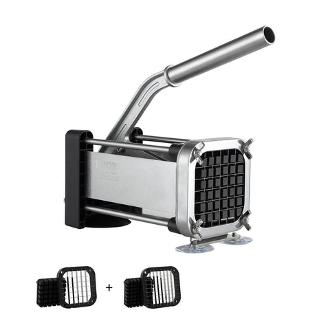 French Fry Cutter Manual Potato Slicer with 1/2 Inch & 3/8 Inch Stainless Steel Blades Potato Chopper Vegetable Cutter with Suction Base for Fries Carrots Cucumbers