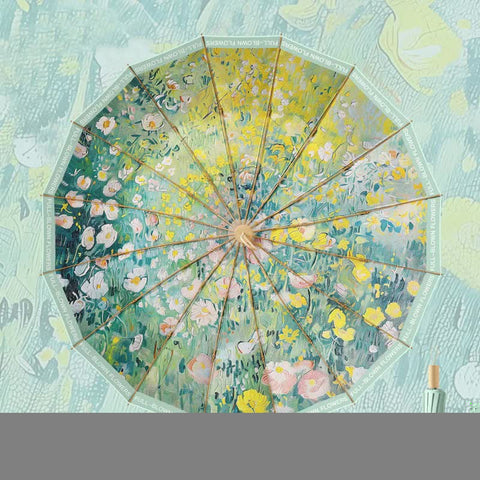 Traditional Chinese Style Folding Umbrella - Green Floral Design with 16-Rib Structure