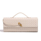 Off White Luxury Woven PU Leather Clutch - Elegant Women's Evening Baguette Bag with Adjustable Shoulder Strap