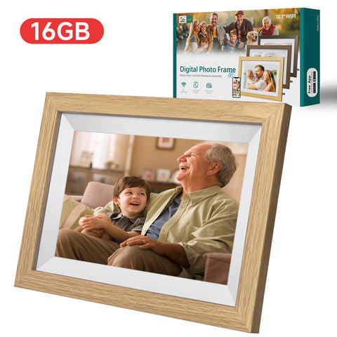 10.1-Inch Wooden Frame WiFi Digital Photo Frame - 16GB Storage, IPS Touchscreen, App Remote Sharing