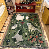 Green Floral Cat Patterned Throw Blanket – Soft and Cozy, 130x160cm with Tassels