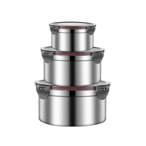 Brown 3-Piece 304 Stainless Steel Food Storage Set with Leak-Proof Lids – Round Design for Fridge and Meal Prep
