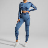 Dark Blue Size S Tie-Dye Yoga Set Long Sleeve Butt Lift Leggings Seamless Workout Training Gym Clothes