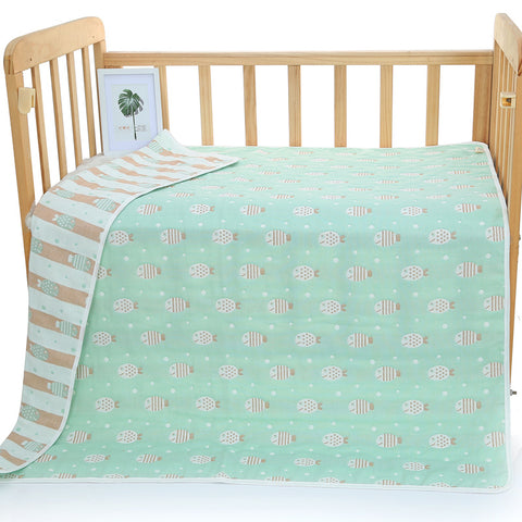 Green Fish, 6-Layer Muslin Baby Blanket - Soft Cotton Bedding for Infants and Toddlers, 110x110cm