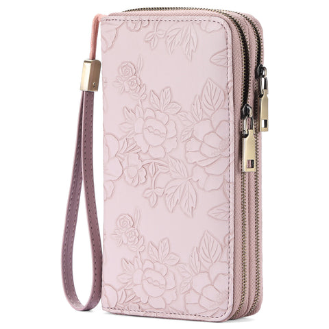 Women's Large Capacity Double Zip Wallet Clutch | PU Leather Floral Embossed Wristlet | Phone Holder with 24 Card Slots - Purple