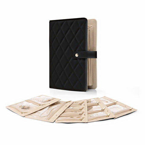 Black Elegant Quilted Travel Jewelry Organizer Binder - Portable Loose-Leaf Storage Book with Clear Zipper Pockets for Earrings, Necklaces, Rings
