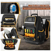 Heavy Duty Professional Tool Backpack - 18 Inch Large Capacity - Waterproof Solid Rubber Base, Multi-Pocket Organiser and Reflective Strips for Electricians, HVAC and Trades