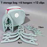 Portable Folding Travel Hangers Set - 19 Piece Laundry Kit with 6 Adjustable Hangers 12 Clips and Storage Bag - Space Saving Design for Caravanning Camping and Student Dorms - Sky Blue