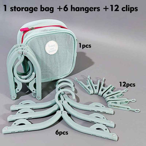 Portable Folding Travel Hangers Set - 19 Piece Laundry Kit with 6 Adjustable Hangers 12 Clips and Storage Bag - Space Saving Design for Caravanning Camping and Student Dorms - Sky Blue