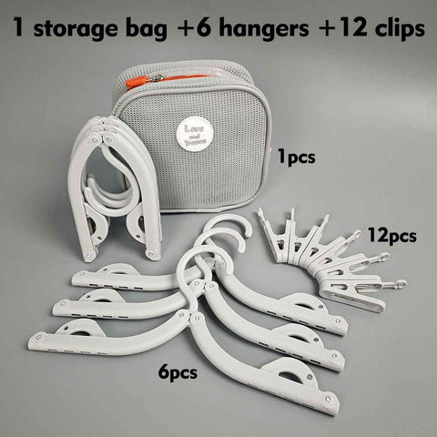 Portable Folding Travel Hangers Set - 19 Piece Laundry Kit with 6 Adjustable Hangers 12 Clips and Storage Bag - Space Saving Design for Caravanning Camping and Student Dorms - Gray