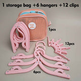 Portable Folding Travel Hangers Set - 19 Piece Laundry Kit with 6 Adjustable Hangers 12 Clips and Storage Bag - Space Saving Design for Caravanning Camping and Student Dorms - Pink