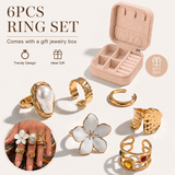 6 Piece Baroque Pearl Flower Ring Set with Gift Jewelry Box - Adjustable Open Rings, Statement Fashion Jewellery, Vintage Inspired Design, Gift Ready Accessory Set for Women