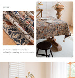 Floral Vintage Bird Tassel Tablecloth | Vintage Cotton and Linen Jacquard Tablecloth, 90x90cm