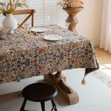 Floral Vintage Bird Tassel Tablecloth | Vintage Cotton and Linen Jacquard Tablecloth, 90*140cm