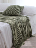 Green Cozy Knit Throw Blanket with Fringe - Stylish Striped  Bed End Cover, 127x220CM