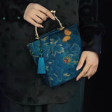Modern Chinese Style Bucket Bag - Embroidered Handbag with Tassel