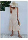 Apricot Flowy Sleeveless Midi Dress - Sleeveless solid sundress with decorative buttons Size M