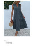 Light blue Flowy Sleeveless Midi Dress - Sleeveless solid sundress with decorative buttons Size L