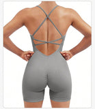 Size S Light Grey Nylon Seamless Yoga Bodysuit - Women's Athletic Romper, Crisscross Back, Workout Jumpsuit