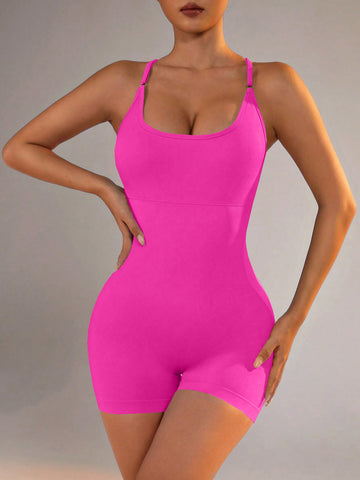 Size M Rose Red Grey Nylon Seamless Yoga Bodysuit - Women's Athletic Romper, Crisscross Back, Workout Jumpsuit