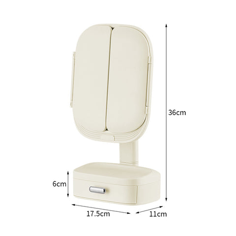 Milky White LED Lighted Tri-Fold Makeup Mirror with Storage Drawer & Magnification(USB Charging Port)