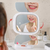 Milky White LED Lighted Tri-Fold Makeup Mirror with Storage Drawer & Magnification(USB Charging Port)