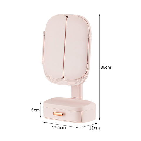 Pink LED Lighted Tri-Fold Makeup Mirror with Storage Drawer & Magnification(USB Charging Port)
