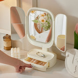 Pink LED Lighted Tri-Fold Makeup Mirror with Storage Drawer & Magnification(USB Charging Port)