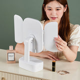 Pink LED Lighted Tri-Fold Makeup Mirror with Storage Drawer & Magnification(USB Charging Port)