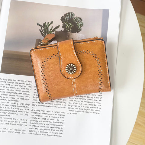 Yellow Vintage PU Leather Women's Short Wallet - Elegant Zipper Coin Pocket Multi-Function Card Holder