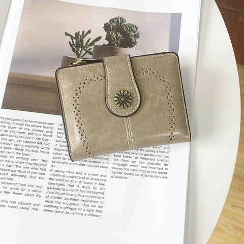 Grey Vintage PU Leather Women's Short Wallet - Elegant Zipper Coin Pocket Multi-Function Card Holder