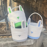 Blue And White Stitching Charming Easter Egg Tote Basket - Cute Rabbit-Themed Handwoven Cotton Rope Candy Holder