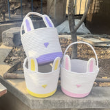 Yellow And White Stitching Charming Easter Egg Tote Basket - Cute Rabbit-Themed Handwoven Cotton Rope Candy Holder