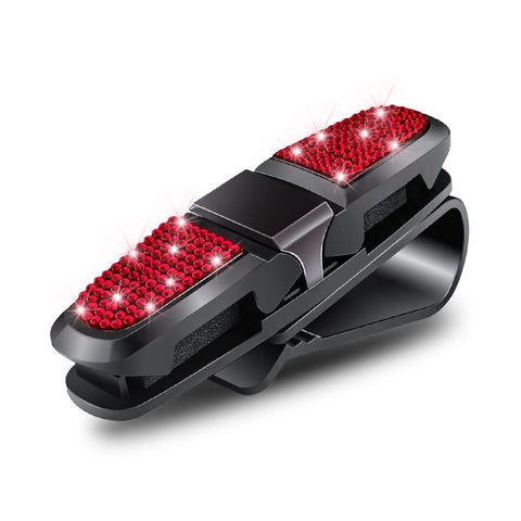 6 Pcs Red Luxury Rhinestone Car Sun Visor Glasses Clip - Multi-Functional, 180° Rotatable, ABS Material