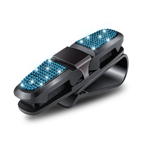 6 Pcs Light Blue Luxury Rhinestone Car Sun Visor Glasses Clip - Multi-Functional, 180° Rotatable, ABS Material
