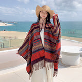 Green Plaid Ethnic Boho Shawl for Women - Stylish Split Cape for Travel and Cooling Rooms