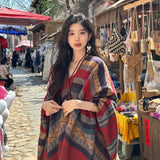 Red And Navy Ethnic Boho Shawl for Women - Stylish Split Cape for Travel and Cooling Rooms