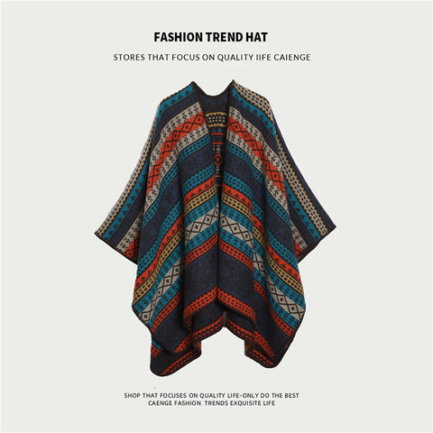 Orange And Navy Ethnic Boho Shawl for Women - Stylish Split Cape for Travel and Cooling Rooms