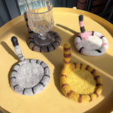 2 Pcs White Handmade Wool Felt Cat Coasters - Cute Tiger Design, Heat-Resistant Table Mats