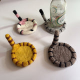 2 Pcs White Handmade Wool Felt Cat Coasters - Cute Tiger Design, Heat-Resistant Table Mats