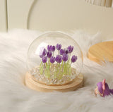 (Ten Purple Tulips) Glowing Tulip Dome Lamp -  Wooden Base, Bedside Table Decoration