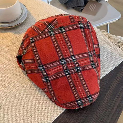2-PCS Red Lightweight Checkered Flat Cap - Adjustable Retro Driver Hat for Men & Women