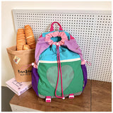 Green Colorblock Drawstring Backpack - Lightweight Nylon Bag with Heart Mesh Pocket