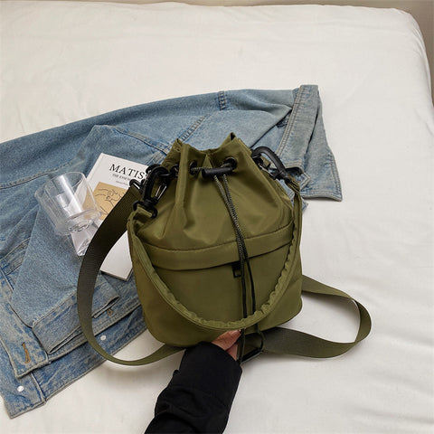 Army green Casual Nylon Drawstring Bucket Bag - Adjustable Strap Crossbody Purse