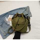 Army green Casual Nylon Drawstring Bucket Bag - Adjustable Strap Crossbody Purse