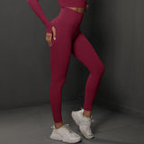 Size M Claret Red Seamless High-Waisted Yoga Pants for Women - Lift Workout Leggings for Running, Gym, and Fitness