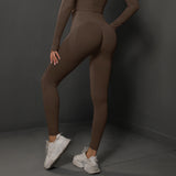 Size M Brown Seamless High-Waisted Yoga Pants for Women - Lift Workout Leggings for Running, Gym, and Fitness